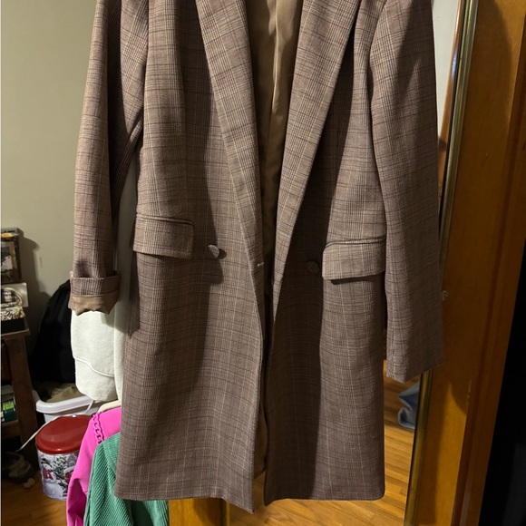 FRENCH MAUVE Size Small Classic Plaid Long Women's Blazer Coat - Brown - Picture 2 of 8